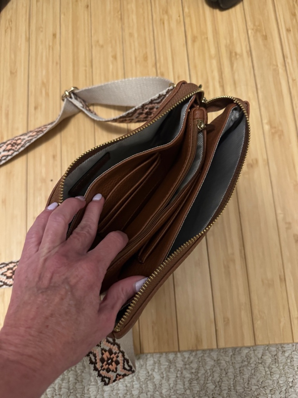 Women's Tan Leather Crossbody Wallet with Patterned Strap